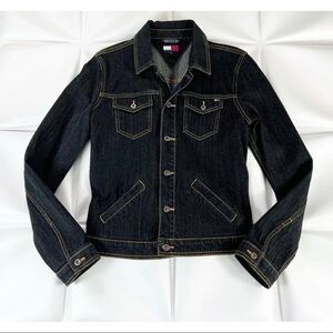 Tommy Jeans Hilfiger Womens Sz M Black Dark Denim Jacket Embroidered Logo Y2K